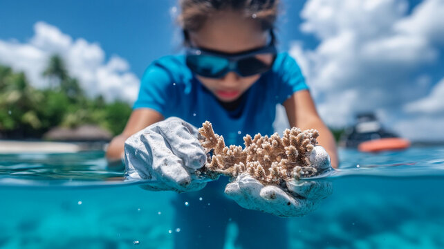 A marine conservation project in action, workers restoring coral reefs, community education programs, vibrant marine life.