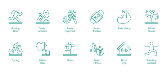 All-Inclusive Fitness Icon Set - Vector Illustrations for Running Gear, Outdoor Activities, Sports Equipment, Fitness Trackers, Bodybuilding, Dance Fitness, Cycling, Athletic Wear, Pilates 