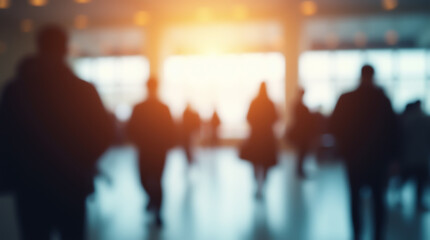 A large room filled with sunlight, showing silhouettes of people and reflections on the smooth floor