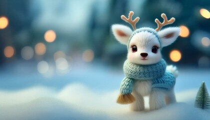 Little cute baby reindeer on winter Christmas day in warm winter clothes waiting for the parents to return from giving gifts to the children. Illustration of a small fictional creature,copy text space