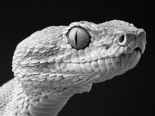 Close up monochrome portrait of a viper snake, highlighting its fangs, scales, and intense gaze. Danger concept