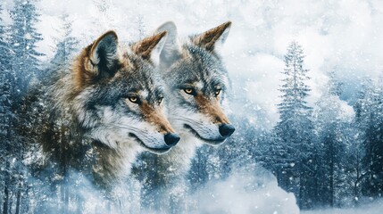 A pair of wolves in a serene, snowy landscape, capturing the beauty and grace of wildlife in winter.