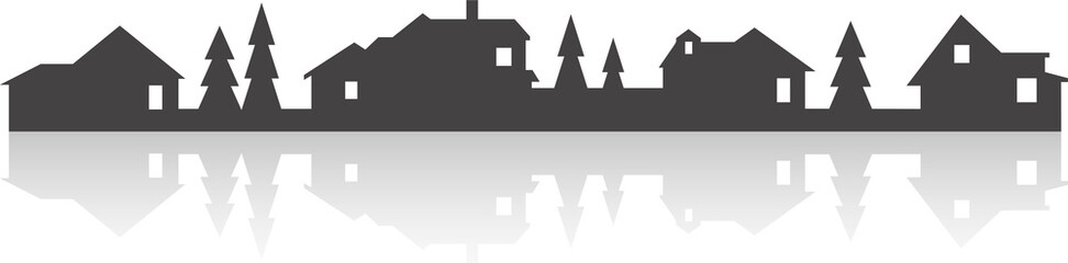 Town and village houses on skyline. Silhouette of small buildings in neighborhood. Christmas rural simple drawing. Winter country landscape with trees in night.