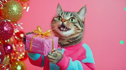 cat. with a gift in hand. beautifully packaged box. huge smile. in a tracksuit. on a plain bright festive background. 
