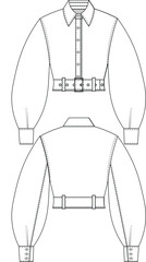 collared buttoned belted balloon sleeve long sleeve short cropped crop fit jacket shirt template technical drawing flat sketch cad mockup fashion woman design style model 
