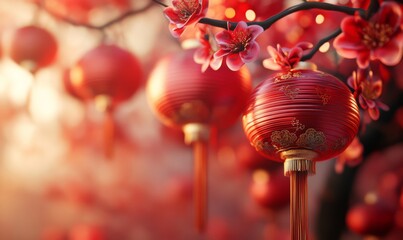 Lunar New Year holiday background. Red Chinese lanterns on beautiful bokeh background with...