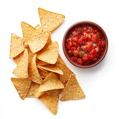 Chips and Salsa isolated on white background, top view