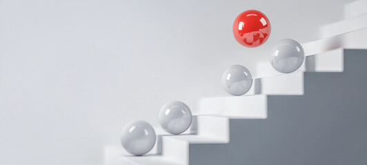 A red ball is falling down the stairs, surrounded by white spheres