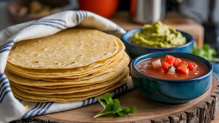 Homemade corn tortilla stack, freshly pressed and warm, served with salsa and guacamole on rustic wooden board