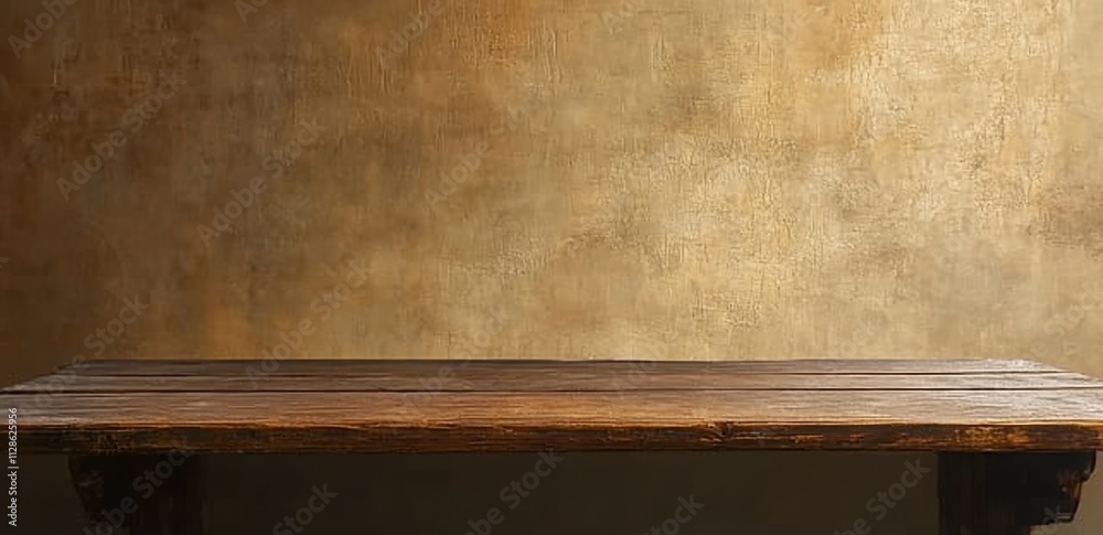 Poster Rustic wooden table with blank background for product display with textured brown wall in the background. Surface providing space to place products or items on its smooth top surface.
