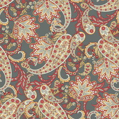 Turkish Cucumber Paisley seamless vector pattern in traditional Oriental style. Decorated with flowers, leaves, and fantasy elements, for fabric, textile and wallpaper covers