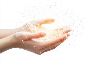 Fototapeta premium Hands holding glowing particles, symbolizing magic or energy.