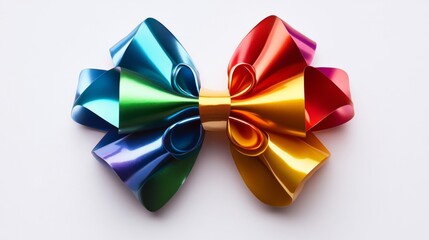 A vibrant rainbow colored ribbon bow on white
