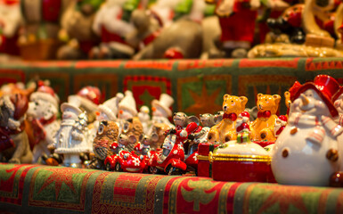 Colorful Christmas figurines display during festive season celebration