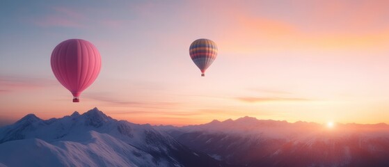 Fototapeta premium Hot air balloon adventure over majestic mountains at sunrise aerial view in tranquil environment