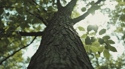 Standing tall in a peaceful forest, the tree's textured bark reaches towards the sky as sunlight peeks through vibrant green leaves, creating a tranquil atmosphere full of life.