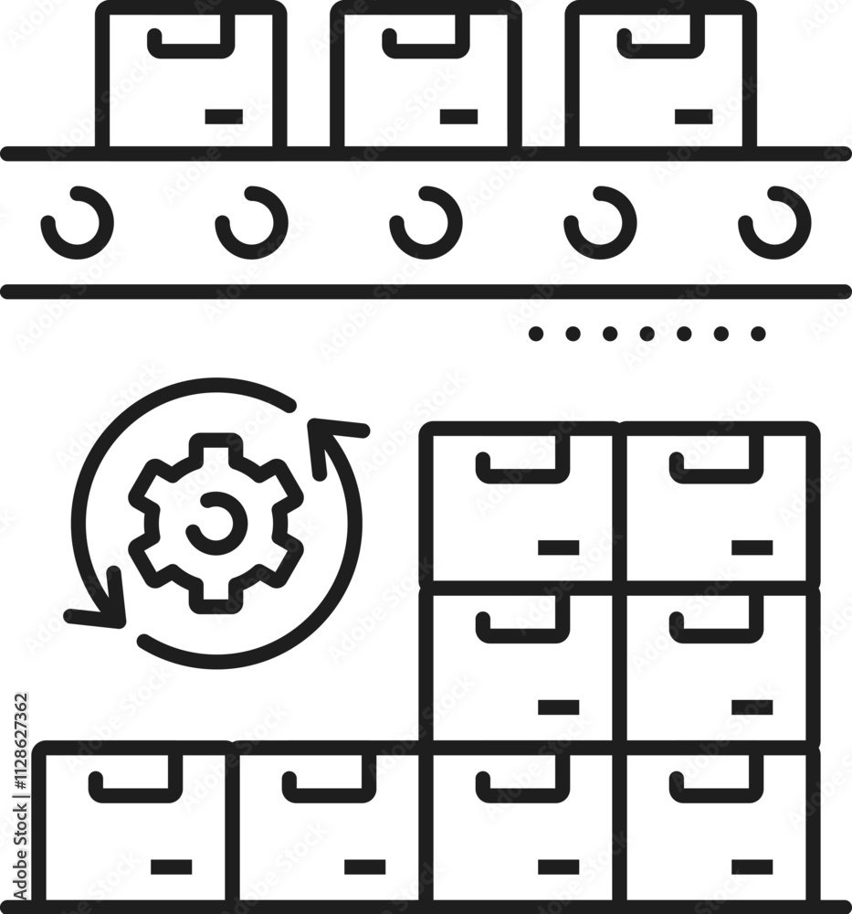 Leinwandbilder Mechanic robot manufacture line icon of automatic and manual mass production, vector pictogram. Manufacture robot conveyor and automated machine factory icon for robotic production technology