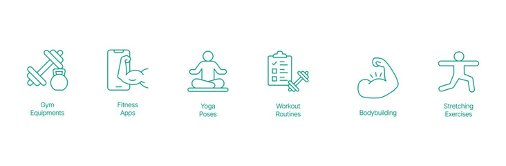 Complete Fitness Icon Set - Vector Illustrations for Gym Equipment, Fitness Apps, Yoga Poses, Workout Routines, Bodybuilding, and Stretching Exercises