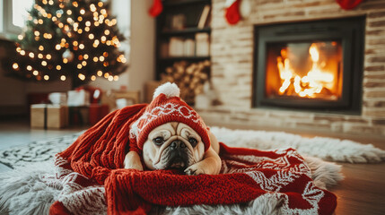 pug in christmas decorated room fireplace red hat