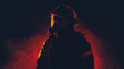 Silhouette of a firefighter against a dramatic background of smoke and flames.