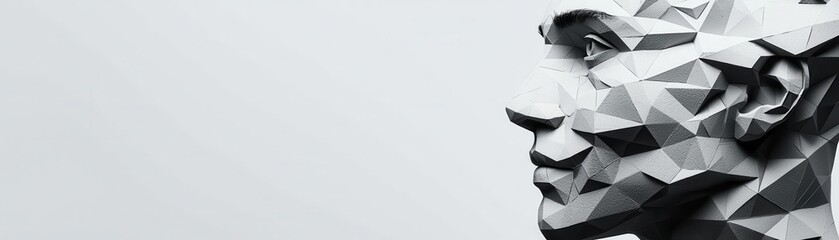Fototapeta premium A monochromatic, abstract sculpture of a human face, characterized by angular geometric shapes and sharp facets, reflecting a modern artistic style.