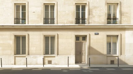 Obraz premium Elegant Parisian building facade, minimalist design, facing a wall with windows and doors, sunny afternoon light, peaceful urban setting, no people present.