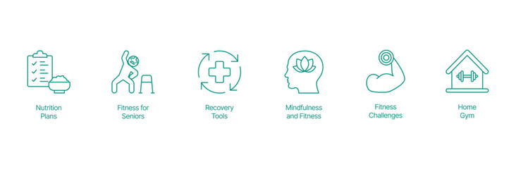 Holistic Health Icon Set - Vector Illustrations for Nutrition Plans, Senior Fitness, Recovery Tools, Mindfulness, Fitness Challenges, and Home Gym Setup
