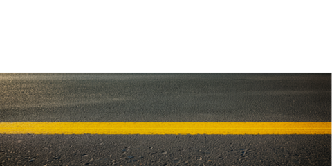 An asphalt road close-up with a single yellow line running horizontally across the surface