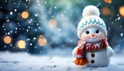 Fototapeta premium Little cute baby Snowman on cold Winter Christmas day in warm clothes. Snowy background. Illustration of a small fictional creature from a child's imagination,copy text space