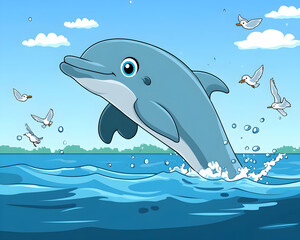 Obraz premium Playful dolphin leaping from ocean water with seagulls flying.