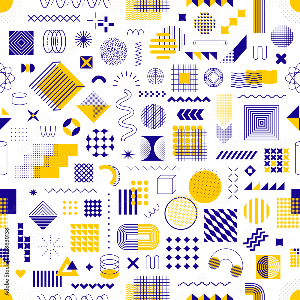 Aufkleber Geometric memphis shape elements seamless pattern. Abstract graphic vector background with modern memphis pattern of trendy line geometric shapes. Yellow blue squares, circles, dots and grid figures