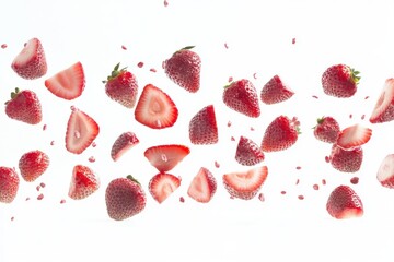 Falling strawberry fruits whole and cut isolated white background