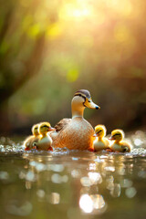 duck with ducklings in nature. Selective focus.