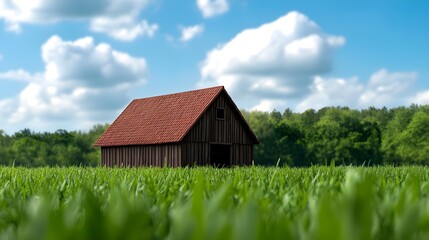 Obraz premium Tranquil countryside landscape featuring a rustic wooden house surrounded by vibrant green grass and a clear blue sky dotted with fluffy clouds
