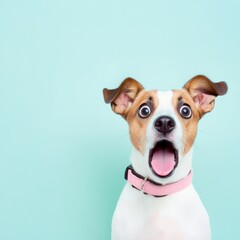 A cute dog has a surprised expression, with wide eyes and an open mouth, set against a solid background, showcasing its playful nature and charm.