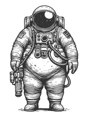 Cartoon body positive astronaut in space suit, pointing upward sketch engraving generative ai fictional character vector illustration. Scratch board imitation. Black and white image.