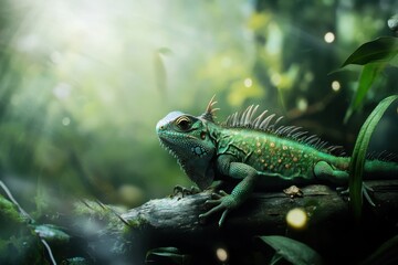 Fototapeta premium Colorful lizard resting on a log in a tropical jungle during daylight