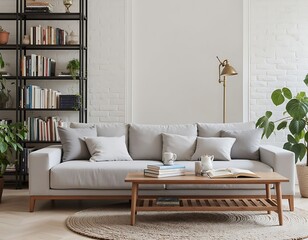 Fototapeta premium Modern living room with light grey sofa and pillows, a wooden table on woolen rug, metal bookshelf with with an array of books against on the white wall, interior home decoration design