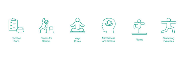 Health and Wellness Icon Set - Vector Illustrations for Nutrition, Senior Fitness, Yoga, Mindfulness, Pilates, and Stretching Exercises