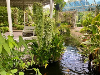 A pavilion by the water for relaxing in nature. Water garden.