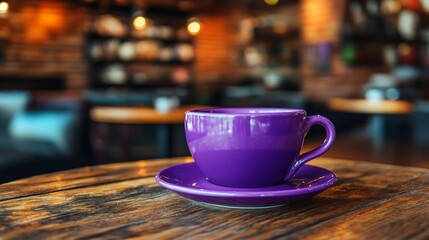 Purple Coffee Cup on a Rustic Wooden Table, Enjoying a Moment of Relaxation in a Cozy Cafe.