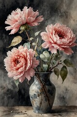 watercolor art, a pink bouquet of flowers and two leaves, in the style of grisaille, muted colours, mote kei, atmospheric watercolours, romanticized nature, lively tableaus, twisted branches
