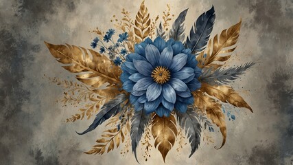 watercolor art, a blue bouquet of flowers on a light gray background, in the style of gold leaf overlay, detailed feather rendering, renaissance painting, naturecore, transcendental art