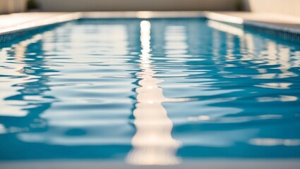 photo of calm blue water in a swimming pool, the edges of the pool and surrounding area are blurred to emphasize the calm atmosphere