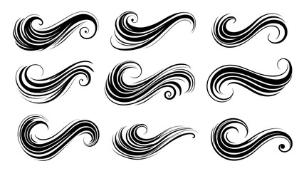 collection of abstract swoosh patterns, emphasizing dynamic curves, sharp edges, and elegant flow. Include