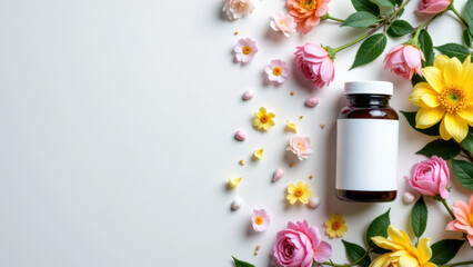 "Vitamin B3-based supplement bottle surrounded by vibrant flowers on a white surface with blurred background for emphasis"