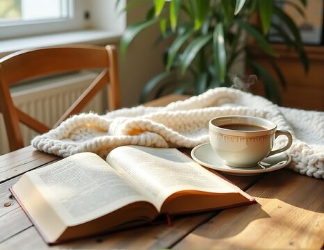 An open book with a coffee cup and woolen blanket on a wooden table with soft natural light through the glass window
