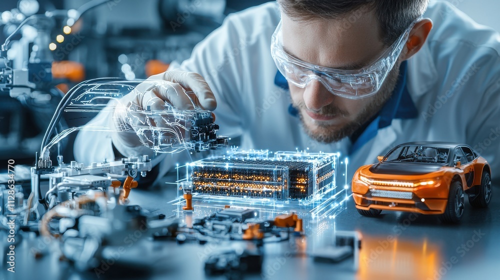 Fototapete technician assembling solid-state battery prototype standards in a high-tech laboratory environment 