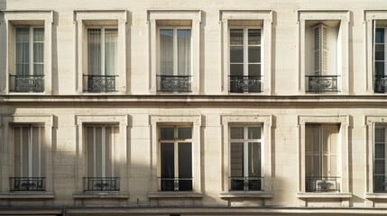 Fototapeta premium Elegant Parisian building, minimalist design, complete wall with windows and doors, sunny afternoon light, peaceful atmosphere, no people visible.
