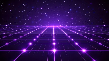 Abstract purple grid with glowing lights and falling particles.